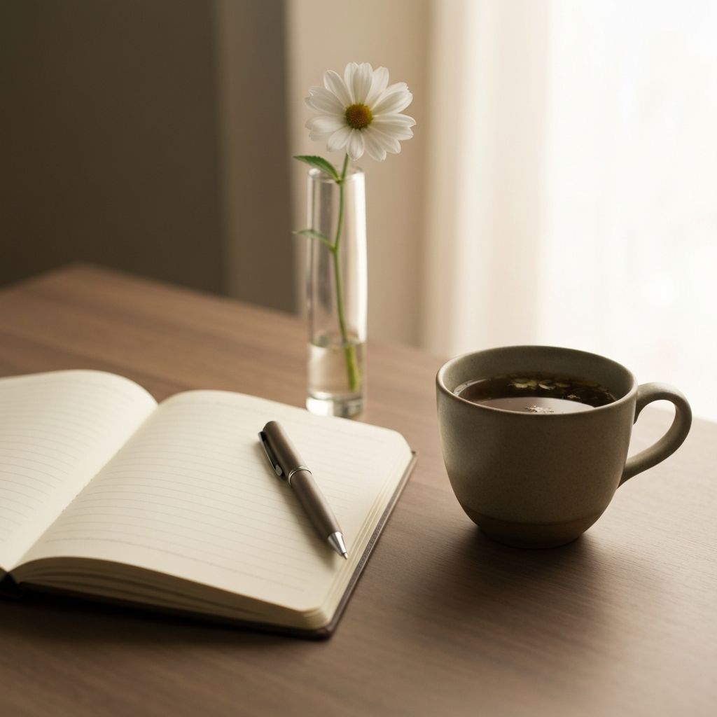 Journal with pen and teacup in soft light